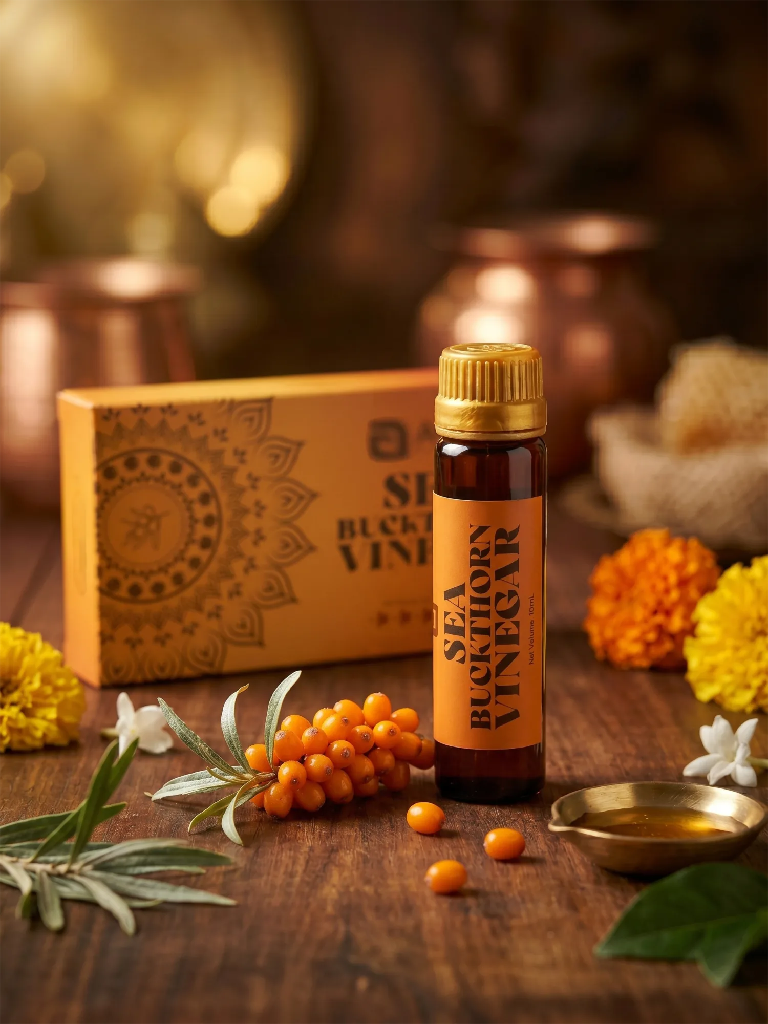 Sea Buckthorn Vinegar with marigolds and copper vessels — the Ayurvedic and Jamu heritage